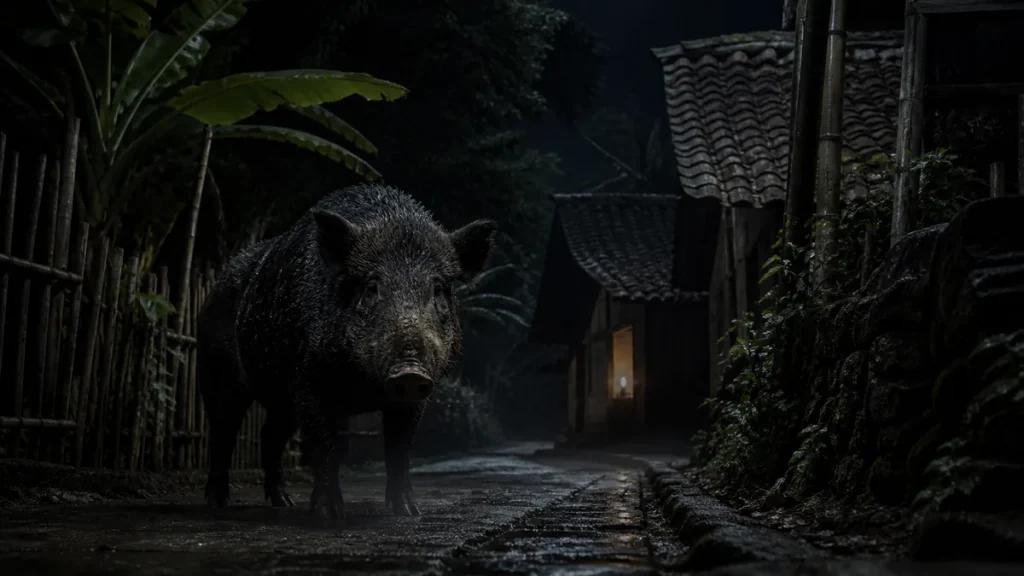 Siluet babi hutan realistis di jalan desa Jawa pada malam berkabut