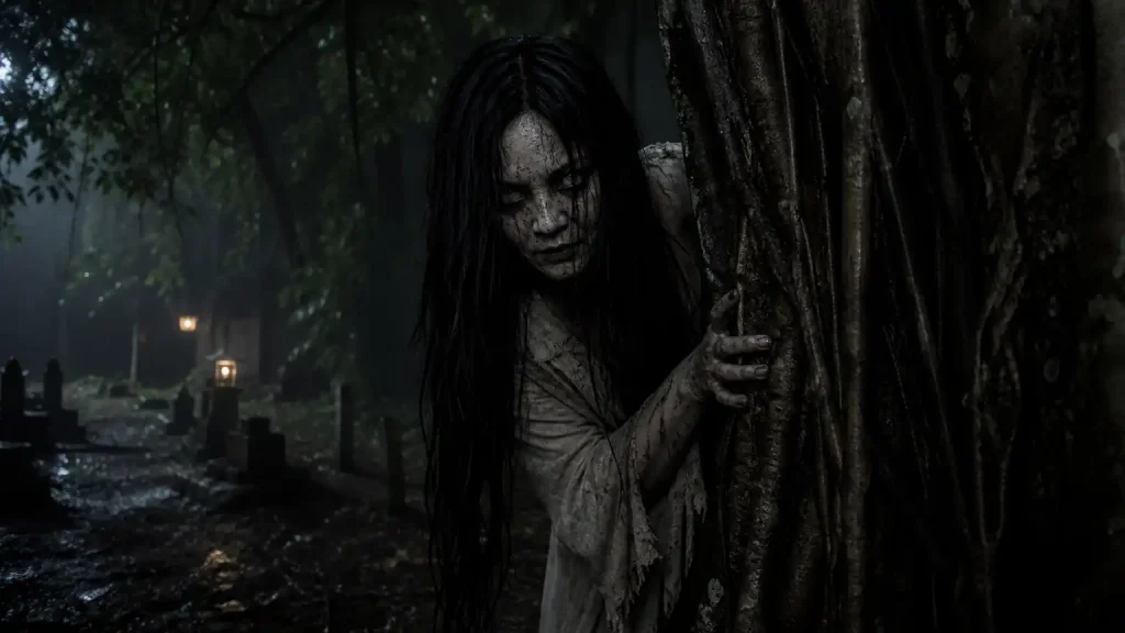 Sosok kuntilanak realistis muncul dari balik pohon beringin di pemakaman desa Indonesia