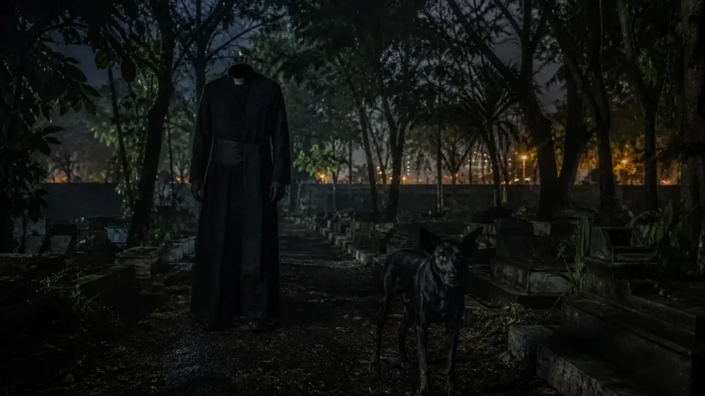 Sosok pastor tanpa kepala bersama anjing hitam di pemakaman Jeruk Purut pada malam hari