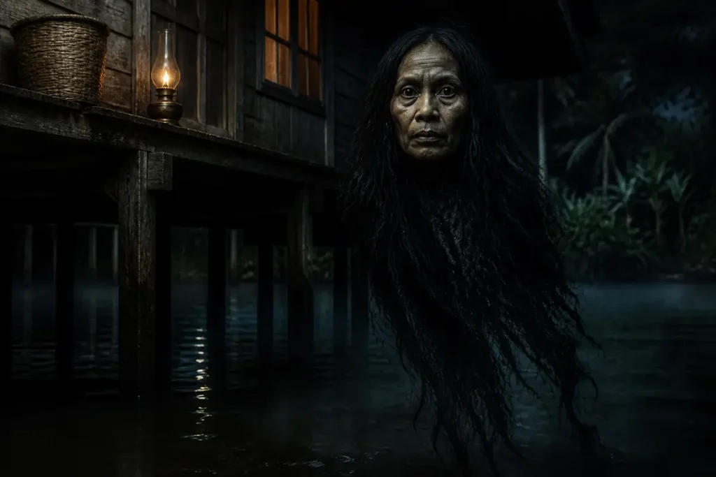 Sosok Kuyang realistis melayang di bawah rumah Banjar tepi sungai Kalimantan