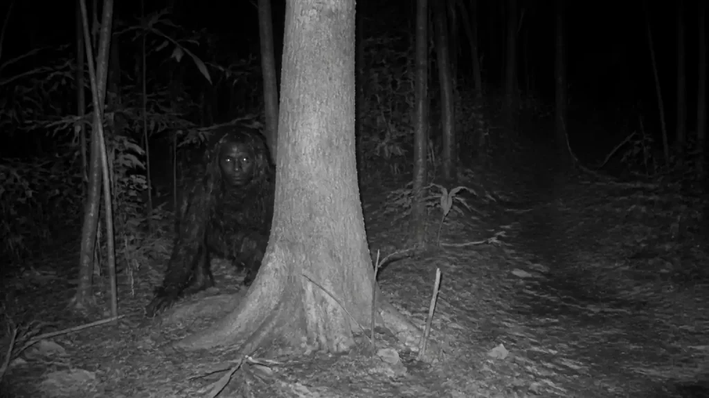 Visual realistis penampakan genderuwo di balik pohon dalam hutan Alas Purwo