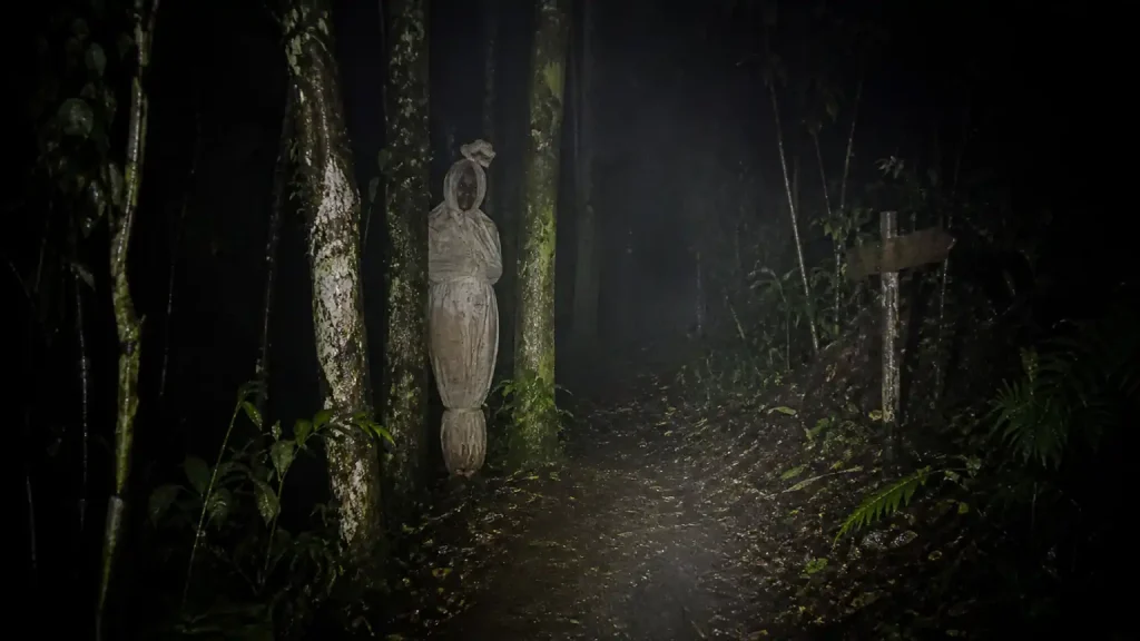 Penampakan pocong di jalur hutan Gunung Ciremai yang tersorot senter malam
