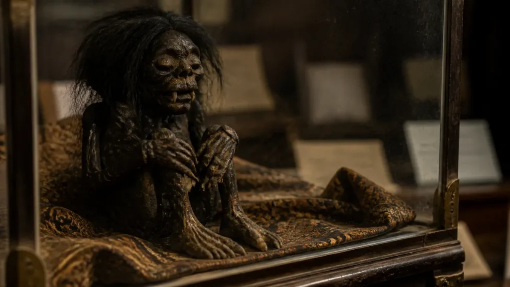 Jenglot realistis dalam kotak kaca dengan pencahayaan museum yang gelap