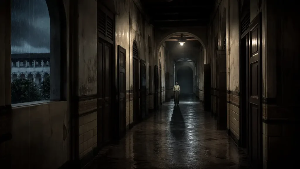 Sosok perempuan berkebaya berdiri di ujung lorong Lawang Sewu pada malam hari