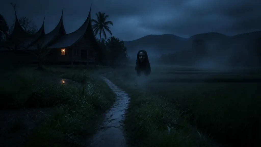 Sosok Palasik realistis melayang di sawah dekat Rumah Gadang Sumatra Barat