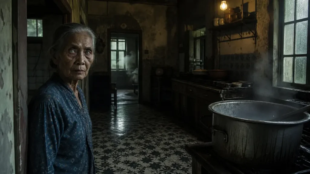 Perempuan tua bermata pucat di dapur Rumah Kentang Bandung dengan panci beruap