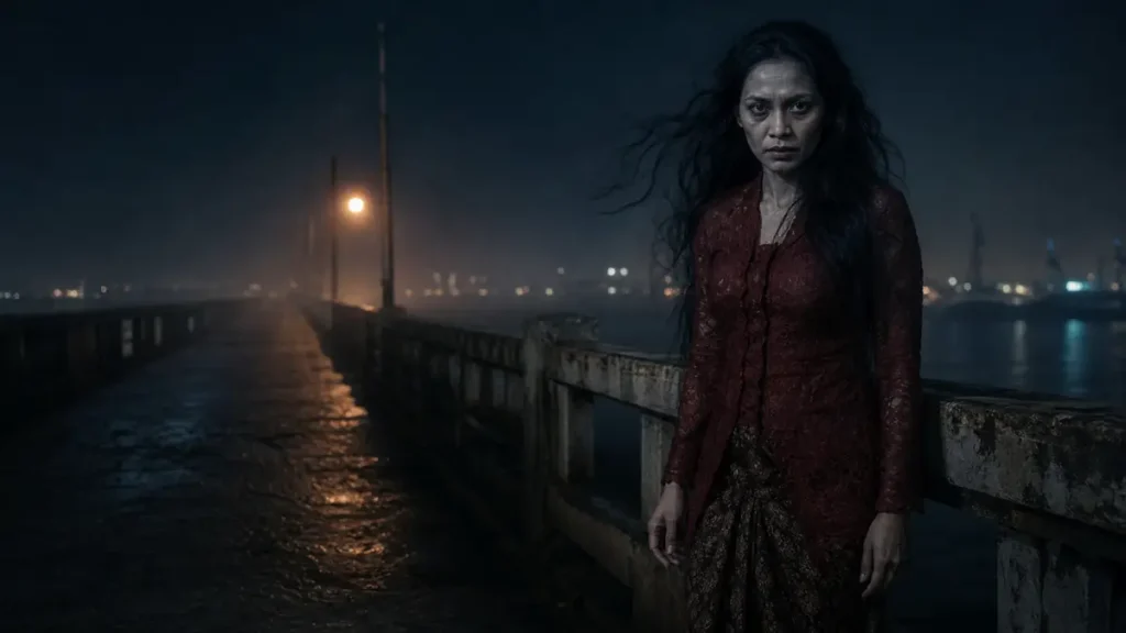 Sosok Si Manis berkebaya merah berdiri di Jembatan Ancol pada malam berkabut