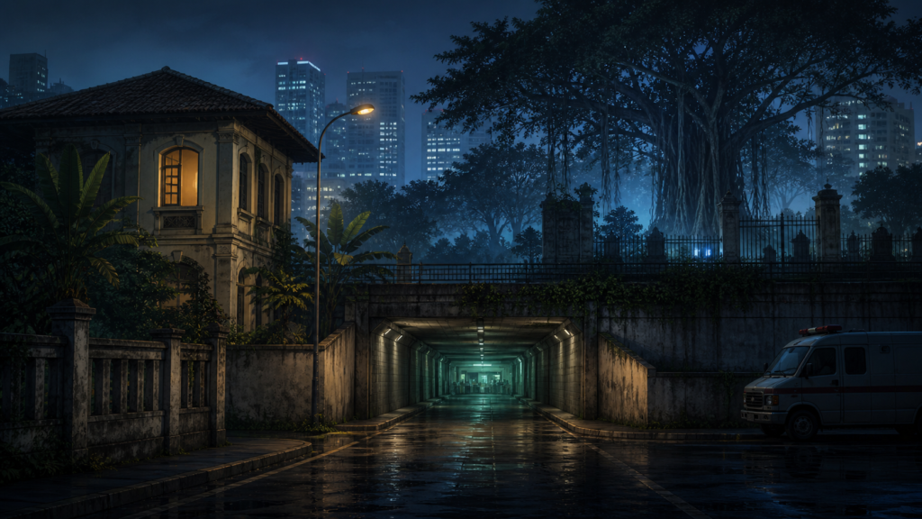 Ilustrasi berbagai urban legend Indonesia di kawasan kota pada malam hari