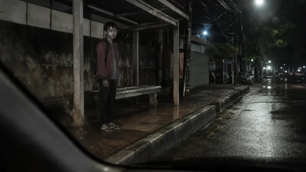 Visual realistis penumpang misterius menunggu sendirian di halte kota Indonesia pada malam hari