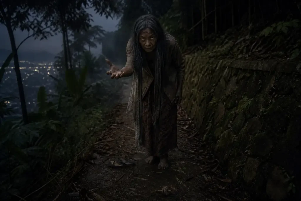 Sosok Wewe Gombel realistis di lereng Bukit Gombel Semarang saat senja