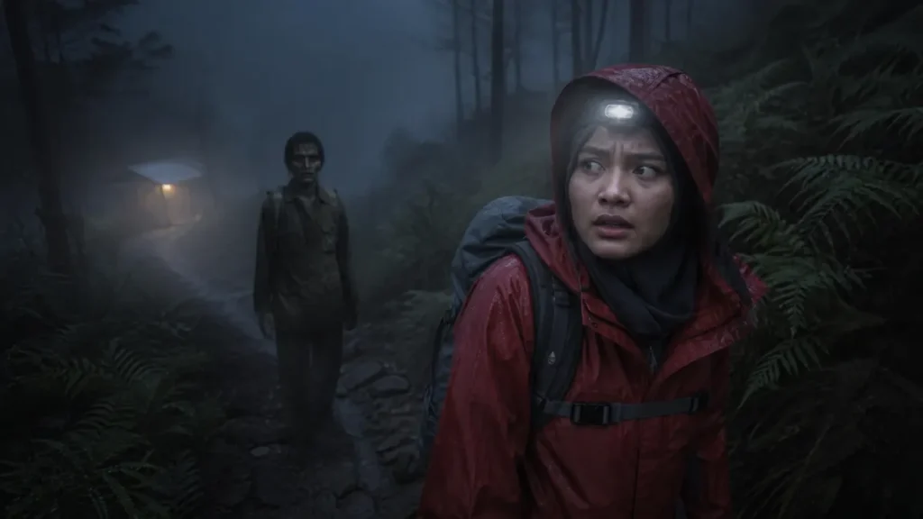 Pendaki perempuan Indonesia melihat sosok pendaki misterius di jalur gunung berkabut